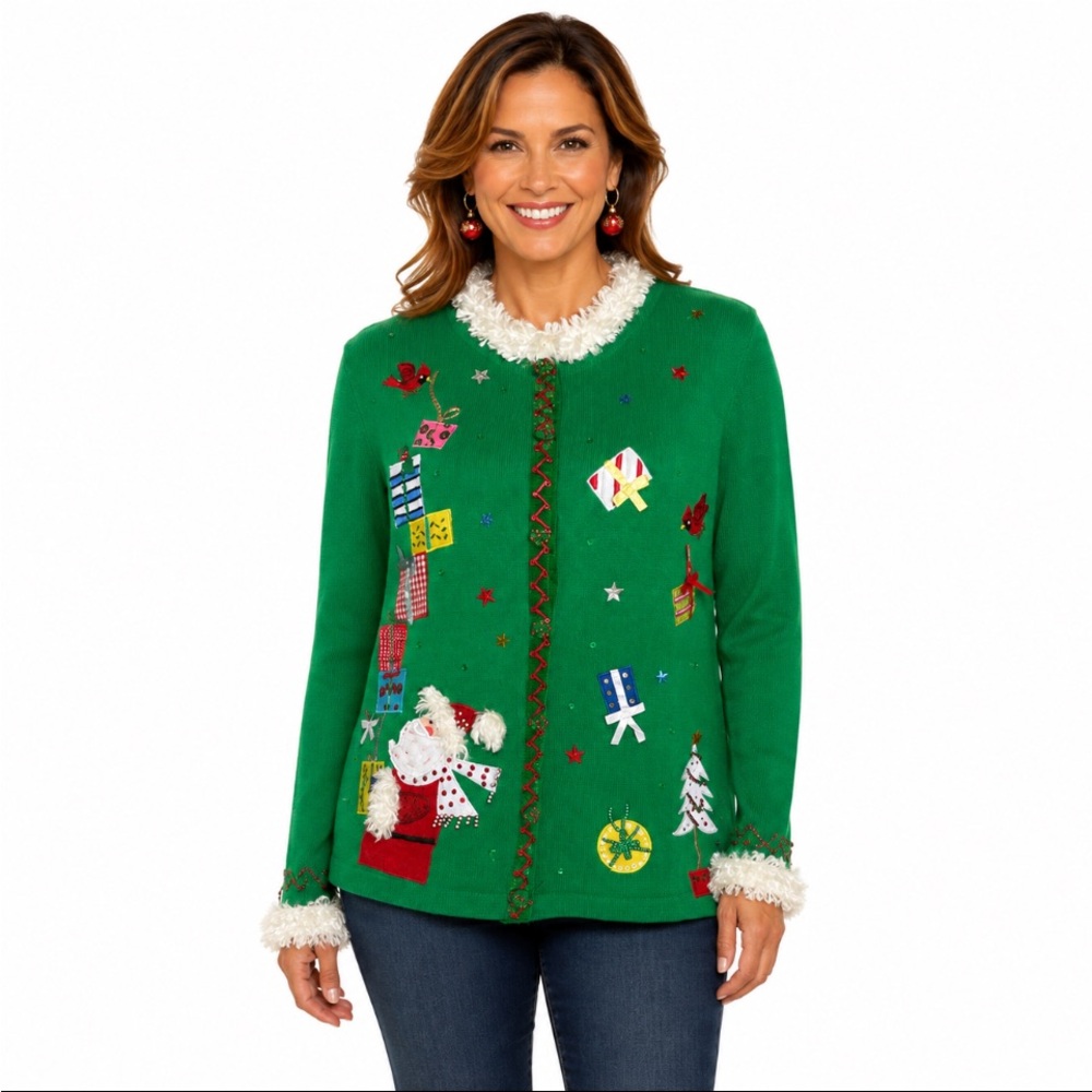 BEREK 🎄Festive Green Santa Christmas Cardigan Size Large